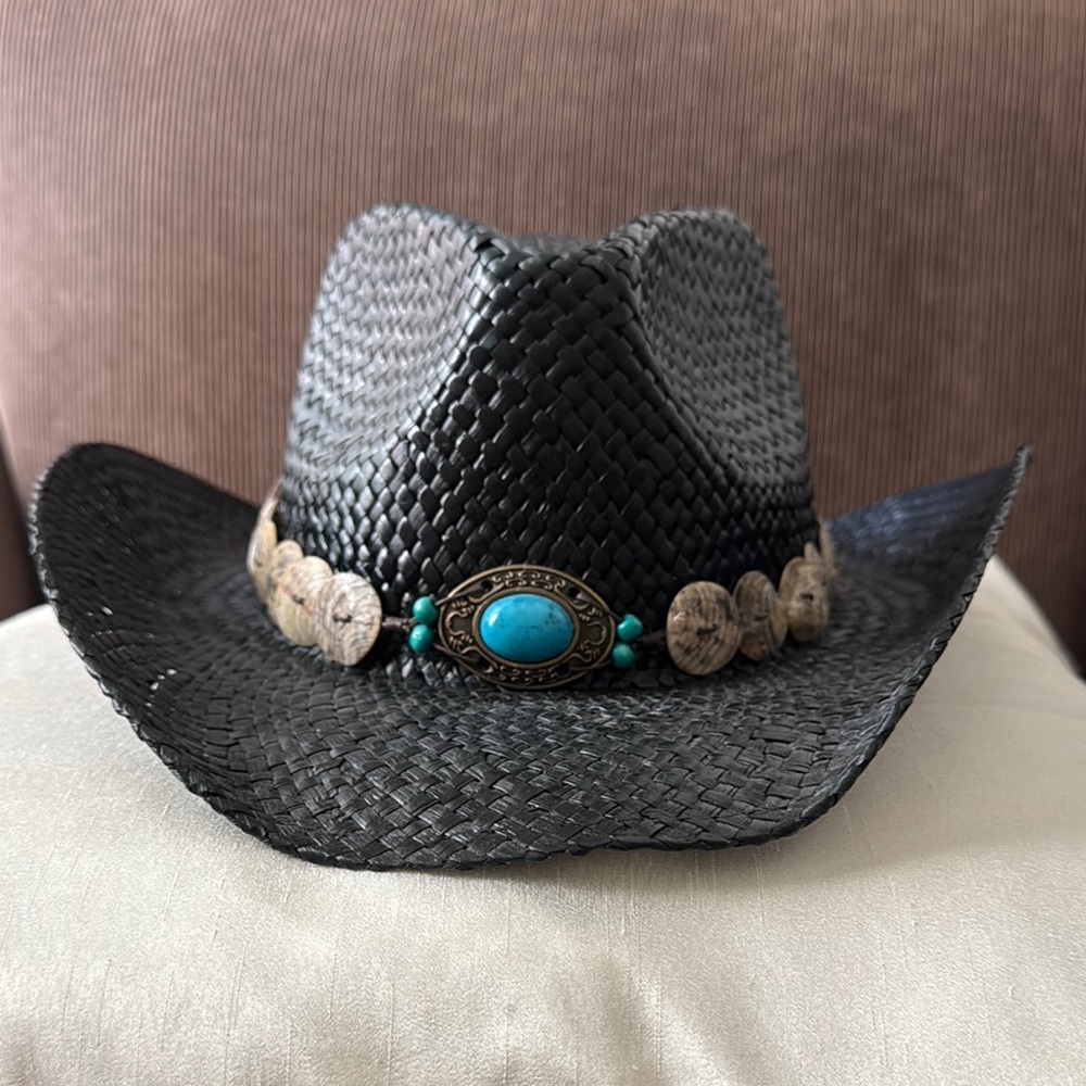 NWOT Black Woven Cowboy Hat with Turquoise Accent